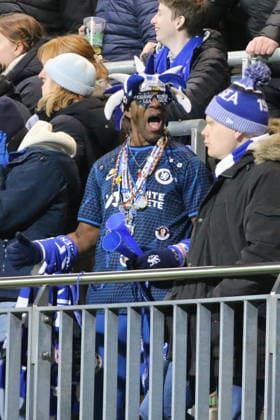 17 12 2025 Football Women 2025 2026 UEFA Womens Champions League 6 Matchday VfL Wolfsburg Chelsea FC AOK Stadion Wolfsburg A Chelsea fan animates the fan block Wolfsburg Lower Saxony Germany