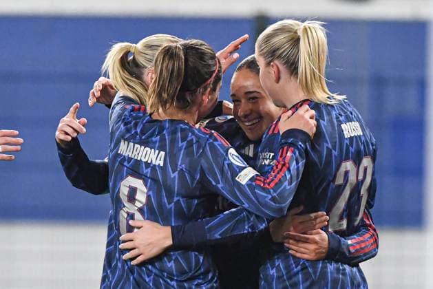 Arsenal?s Olivia Smith celebrates after scoring during a soccer match between Oud-Heverlee Leuven Women and English Arsenal, Wednesday 17 December 2025 in Heverlee, game 6 (out of 6) in the league phase of the UEFA Women s Champions League competition. JILLxDELSAUX  x149648757x