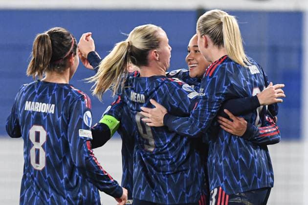Arsenal?s Olivia Smith celebrates after scoring during a soccer match between Oud-Heverlee Leuven Women and English Arsenal, Wednesday 17 December 2025 in Heverlee, game 6 (out of 6) in the league phase of the UEFA Women s Champions League competition. JILLxDELSAUX  x149648788x