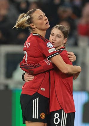 Turin, Italy, 17th December 2025. Jess Park of Manchester United, ManU celebrates with team mate Fridolina Rolfo after scoring to give the side a 1-0 lead during the Juventus Women vs Manchester United Women UEFA Womens Champions League match at Juventus Stadium, Turin. Picture credit should read: Jonathan Moscrop Sportimage EDITORIAL USE ONLY. No use with unauthorised audio, video, data, fixture lists, club league logos or live services. Online in-match use limited to 120 images, no video emulation. No use in betting, games or single club league player publications. SPI_015_JM_JUVE_MANUTD_UWCL SPI-4364-0015