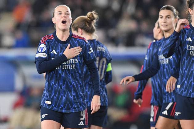 Arsenal?s Beth Mead celebrates after scoring during a soccer match between Oud-Heverlee Leuven Women and English Arsenal, Wednesday 17 December 2025 in Heverlee, game 6 (out of 6) in the league phase of the UEFA Women s Champions League competition. JILLxDELSAUX  x149650443x