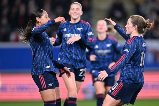 251217 OHL vs Arsenal Olivia Smith (15) of Arsenal celebrates with Kim Little (10) of Arsenal after scoring the 0-1 goal during the Uefa Women™s Champions League 6th matchday in the League phase game in season 2025 - 2026 between Oud Heverlee Leuven - OHL and Arsenal FC on December 17 , 2025 in Leuven, Belgium. (Photo by David Catry Isosport) Leuven Belgium  Copyright: xDavidxCatryx 20251217DSC_3331