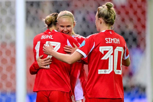 from left Klara BUEHL FC Bayern, FCB, 17 , goal scorer Pernille HARDER FC Bayern, FCB, 21 and Carolin SIMON FC Bayern, FCB, 30 with goal celebration, jubilation, goal celebration, celebrate the goal, goal, celebration, jubilation about the goal to 3 0, optimistic, action, action, 17 12 2025, Munich Germany , Football, UEFA Womens Champions League, League Phase 6 Matchday, FC Bayern München Valerenga IF xslx