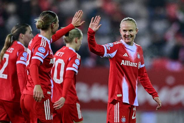 from left Klara BUEHL FC Bayern, FCB, 17 and goal scorer Pernille HARDER FC Bayern, FCB, 21 with goal celebration, jubilation, goal celebration, celebrate the goal, goal, celebration, jubilation about the goal to 3 0, optimistic, action, action, 17 12 2025, Munich Germany , Football, UEFA Womens Champions League, League Phase 6 Matchday, FC Bayern München Valerenga IF xslx