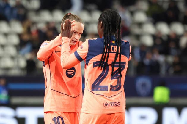 FOOTBALL FEMININ : Paris FC Vs FC Barcelone - Ligue des Champions - 17 12 2025 Joie - But de C Graham Hansen (FC Barcelone) - Aicha Camara (FC Barcelone) ParisFrance  Copyright: xMichaelxBaucherx