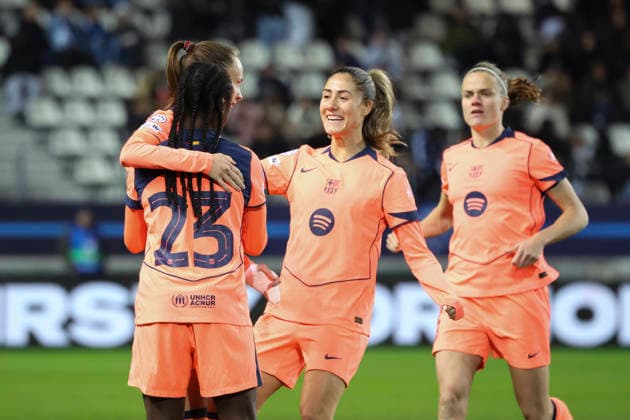 FOOTBALL FEMININ : Paris FC Vs FC Barcelone - Ligue des Champions - 17 12 2025 Joie - But de C Graham Hansen (FC Barcelone) - Aicha Camara (FC Barcelone) ParisFrance  Copyright: xMichaelxBaucherx