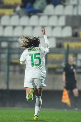AS Roma s Giulia Dragoni celebrates after scoring during the Uefa Women™s Champions League soccer match between Roma and St. Pölten at the Rome s Tre Fontane stadium, Italy - Wednesday December 17, 2025 - Soccer ( Photo by Alfredo Falcone LaPresse )  Copyright: xAlfredoxFalcone LaPressex
