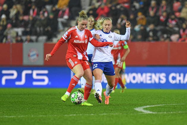 Alara Sehitler 14 Bayern and Emma Stolen Godo 22 Valerenga in action at the UEFA Womens Champions League match FC Bayern Munich Valerenga IF on 17 12 2025 Munich FC Bayern Campus Bayern Germany