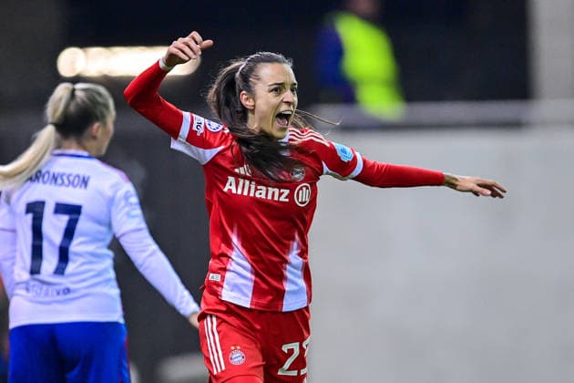 Natalia PADILLA BIDAS FC Bayern, FCB, 23 celebrates her supposed goal for 4 0, the VAR took the goal back due to an offside position, jubilation, goal celebration, celebrate the goal, goal, celebration, optimistic, action, action, 17 12 2025, Munich Germany , Football, UEFA Womens Champions League, League Phase 6 Matchday, FC Bayern München Valerenga IF xslx