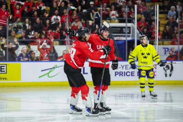 December 17, 2025, Kitchener, On, Canada: Canada s Brady Martin (28) celebrates his goal with teammate Michael Hage (29) during second period IIHF World Junior Hockey Championship pre-tournament action against Sweden in Kitchener, Ont. on Wednesday, December 17, 2025. Canada News - December 17, 2025  - ZUMAc35_ 20251217_zaf_c35_041 Copyright: xNickxIwanyshynx
