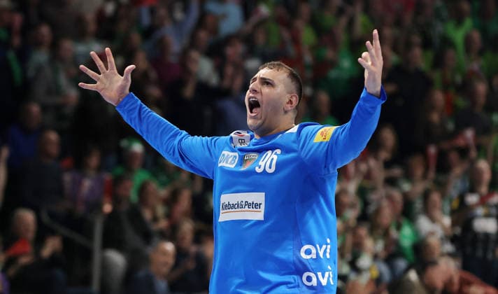 Goalkeeper Dejan Milosavljev cheers Joy Emotion Cheers Sport Handball DHB Cup quarter-finals mens season 2025 2026 18 12 2025 Füchse Berlin vs THW Kiel