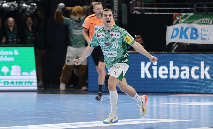 Tim Freihöfer cheers joy emotion jubilation Sport Handball DHB Cup quarter-finals mens season 2025 2026 18 12 2025 Füchse Berlin vs THW Kiel