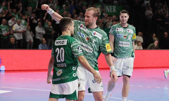 Tim Freihöfer, Max Darj, Mijajlo Marsenic cheering after the end of the game Joy Emotion Cheering Sport Handball DHB Cup Quarter-finals Mens Season 2025 2026 18 12 2025 Füchse Berlin vs THW Kiel