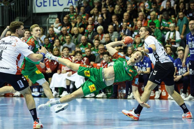 Felix Claar SC Magdeburg,7 Quarterfinals Handball DHB Cup Season 2025 2026 SC Magdeburg vs SG Flensburg Handewitt at the GETEC Arena in Magdeburg Action,Handball,Germany,18 12 2025