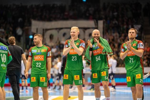 Germany Handball DHB Pokal 2025 26, quarter-final SC Magdeburg vs SG Flensburg Handewitt GETEC Arena Magdeburg Magnus Saugstrup SC Magdeburg, 23 Oscar Bergendahl SC Magdeburg, 54 Albin Lagergren SC Magdeburg, 21 Lukas Mertens SC Magdeburg, 22 Copyright: xTomxLauruschkatx