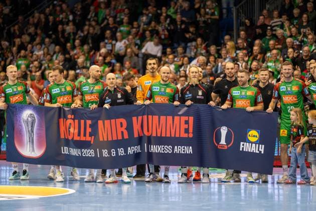 Germany Handball DHB Pokal 2025 26, Quarterfinal SC Magdeburg vs SG Flensburg Handewitt GETEC Arena Magdeburg Team Final whistle cheers Final4 Copyright: xTomxLauruschkatx