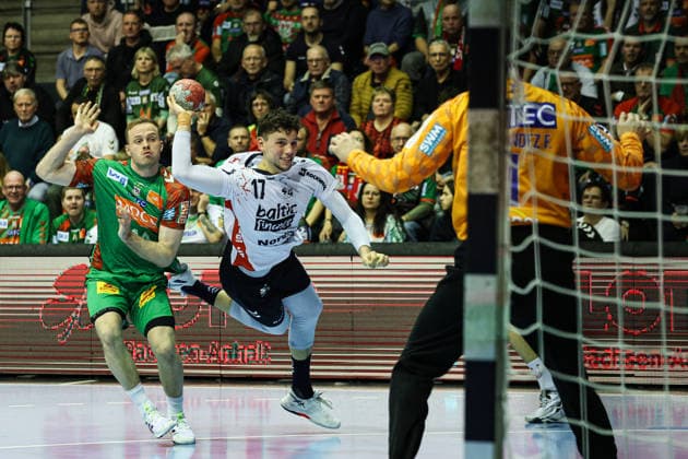 Marko Grgic SG Flensburg Handewitt,17 vs Omar Ingi Magnusson SC Magdeburg,14 and goalkeeper Sergey Hernandez Ferrer SC Magdeburg,1 Quarterfinals Handball DHB Pokal Season 2025 2026 SC Magdeburg vs SG Flensburg Handewitt at the GETEC Arena in Magdeburg Action,Handball,Germany,18 12 2025