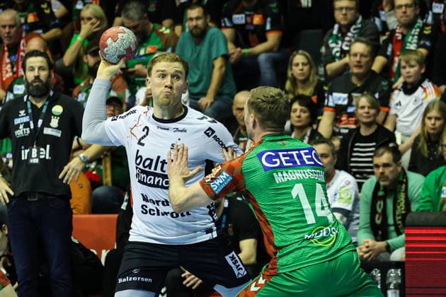 Simon Pytlick SG Flensburg Handewitt,2 vs Omar Ingi Magnusson SC Magdeburg,14 Quarterfinals Handball DHB Cup Season 2025 2026 SC Magdeburg vs SG Flensburg Handewitt at the GETEC Arena in Magdeburg Action,Handball,Germany,18 12 2025