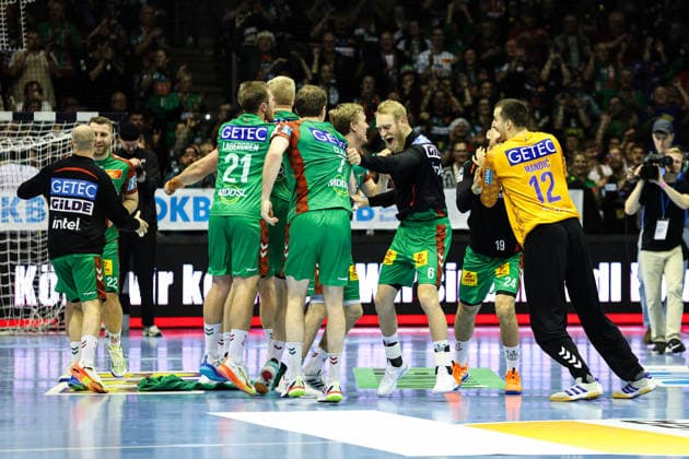 Cheering after the end of the game f l Albin Lagergren SC Magdeburg,21 , Felix Claar SC Magdeburg,7 , Matthias Musche SC Magdeburg,6 , Matej Mandic SC Magdeburg,12 Quarter-finals Handball DHB Pokal season 2025 2026 SC Magdeburg vs SG Flensburg Handewitt in the GETEC Arena in Magdeburg Action,Handball,Germany,18 12 2025