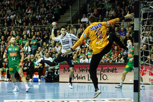Patrick Volz SG Flensburg Handewitt,28 vs Matej Mandic SC Magdeburg,12 Quarterfinals Handball DHB Cup Season 2025 2026 SC Magdeburg vs SG Flensburg Handewitt at the GETEC Arena in Magdeburg Action,Handball,Germany,18 12 2025