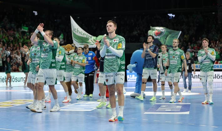front Mathias Gidsel, Füchse team cheers after the end of the game Joy Emotion Cheering Sport Handball DHB Cup Quarterfinals Men Season 2025 2026 18 12 2025 Füchse Berlin vs THW Kiel