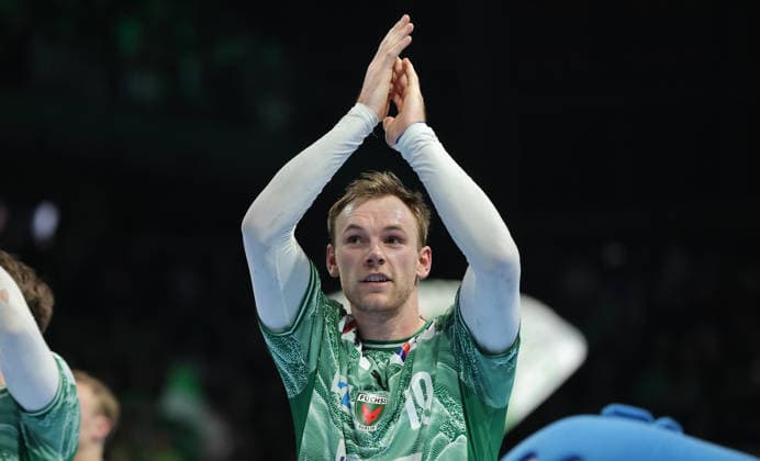 Mathias Gidsel, Füchse team cheers after the end of the game Joy Emotion Cheering Sport Handball DHB Cup Quarterfinals Mens Season 2025 2026 18 12 2025 Füchse Berlin vs THW Kiel