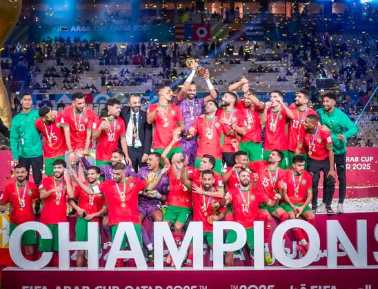 FIFA Arab Cup 2025 26, Final Jordan vs Morocco at Lusail Stadium Qatar Morocco win the final 3-2 after extra time and secure the title Dramatic final with lead changes Award ceremony by FIFA President Gianni Infantino in the presence of FIFA officials and association representatives Coach Walid Regragui Morocco , Hussein Ammouta Jordan Copyright: xRedhaxHosnixSegganix