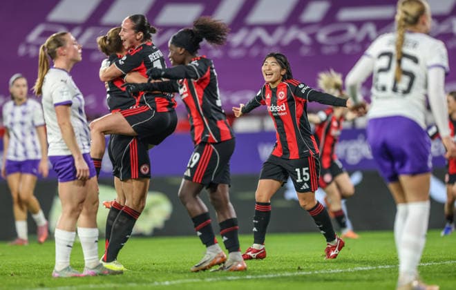 GER, Essen, SGS Essen vs Eintracht Frankfurt, Google Pixel Womens Bundesliga, Football, DFB, Season 2025 2026, Stadion an der Hafenstraße , 14 Matchday in picture GÃ raldine Reuteler Eintracht Frankfurt 14 scores the goal to 0 1, Goal, Cheers and joy, Emotions DFB DFL REGULATIONS PROHIBIT ANY USE OF PHOTOGRAPHS AS IMAGE SEQUENCES AND OR QUASI VIDEO, 19 12 2025 Copyright: HMBxMedia HendrikxHamelau