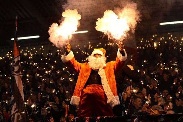 Energy fans celebrate the end of 2025 with Santa Claus and lightsmore Football 3 Liga 2025 2026 FC Energie Cottbus SSV Jahn Regensburg