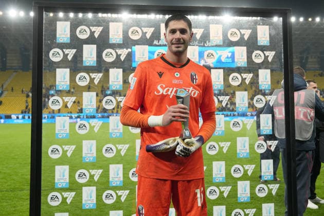 Bologna s goalkeeper Federico Ravaglia is the Panini player of the match during the EA Sports FC italian Supercup 2025 semifinal match between Bologna and Inter at Al-Awwal Park Stadium in Riyadh, Saudi Arabia - Soccer - Friday December 19, 2025  Copyright: xMassimoxPaolone LaPressex