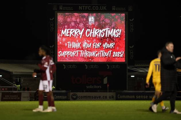 A Christmas message on the big screen in the stadium Merry Christmas, thank you for your support throughout 2025 Northampton Town v AFC Wimbledon, Sky Bet League One, Football, Sixfields Stadium, Northampton, UK - 19 Dec 2025Northampton Sixfields Stadium United Kingdom EDITORIAL USE ONLY No use with unauthorised audio, video, data, fixture lists, club league logos or live services. Online in-match use limited to 120 images, no video emulation. No use in betting, games or single club league player publications.  Copyright: xCatxGoryn Shutterstockx 16142730ct