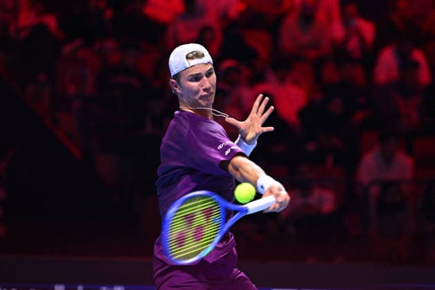 Next Gen ATP, Tennis Herren Finals Presented by PIF - Jeddah Nicolai Budkov Kjaer from Norway during his third round match at the 2025 ATP NextGen Finals in Jeddah, SAOUDI, on December 19, 2025. Photo by Corinne Dubreuil ABACAPRESS.COM Jeddah Saudi Arabia  Copyright: xDubreuilxCorinne ABACAx