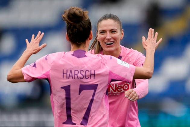 from left goal scorer Franziska Harsch TSG, 17 , Melissa Kössler TSG, 25 , players of TSG 1899 Hoffenheim, cheer about the goal to 3 0, jubilation, goal celebration, celebrate the goal, goal, celebration, cheers about the goal, rejoicing, joy, rejoices, optimistic, positive, game scene, highlight, action, action, 20 12 2025, Sinsheim Hoffenheim Germany , Football, Google Pixel Women Bundesliga, TSG 1899 Hoffenheim FC Carl Zeiss Jena, DFB DFL REGULATIONS PROHIBIT ANY USE OF PHOTOGRAPHS AS IMAGE SEQUENCES AND OR QUASI VIDEO xozx