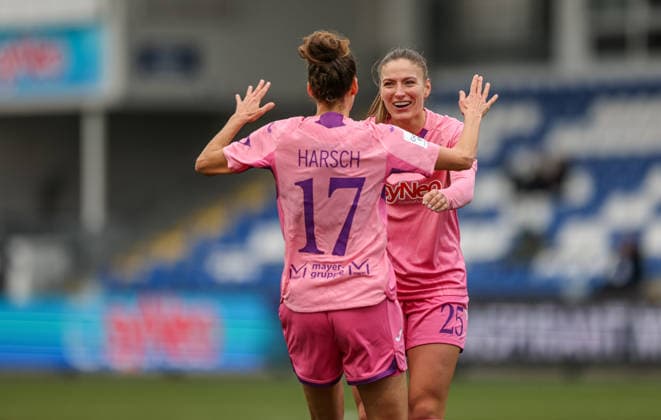 GER, Hoffenheim, TSG Hoffenheim vs Carl Zeiss Jena, Google Pixel Womens Bundesliga, Football, DFB, Season 2025 2026, Dietmar Hopp Stadium, 14 Matchday in picture Franziska Harsch TSG 1899 Hoffenheim Women 17 scores the 3 0, Goal, jubilation and joy, emotions with Melissa Kössler TSG 1899 Hoffenheim Frauen 25 DFB DFL REGULATIONS PROHIBIT ANY USE OF PHOTOGRAPHS AS IMAGE SEQUENCES AND OR QUASI VIDEO, 20 12 2025 Copyright: HMBxMedia HendrikxHamelau