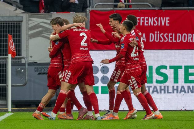 20 12 2025, Soccer 2 Bundesliga, Season 2025 2026, Matchday 17, Fortuna Duesseldorf SpVgg Greuther Fuerth at the Merkur Spiel Arena in Duesseldorf The Duesseldorf players celebrate the goal to 2 0 by Florent Muslija Fortuna Düsseldorf, 24 Important note In accordance with the regulations of the DFL German Football League and the DFB German Football Association, it is forbidden to use or have used photographs taken in the stadium or of the match in the form of sequential images or video-like photo series Foto Kirchner Media Thomas Haesler Copyright: xKirchner-Media ThomasxHaeslerx
