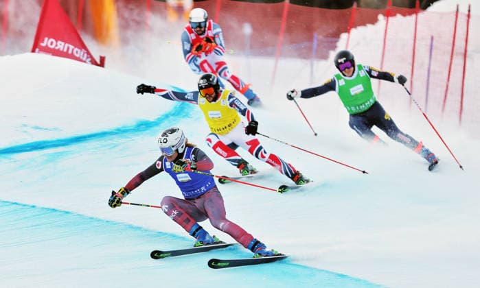 SKI CROSS - FIS SX WC Innichen INNICHEN,ITALY,20.DEC.25 - SKI CROSS - FIS World Cup, ladies, men. Image shows Jared Schmidt (CAN), Evan Klufts (FRA), Melvin Tchiknavorian (FRA) and David Mobaerf (SWE).  GEPAxpictures xMatthiasxHauer