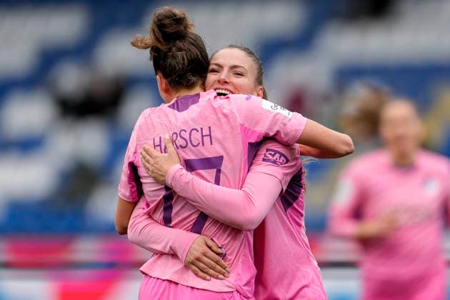 from left goal scorer Franziska Harsch TSG, 17 , Melissa Kössler TSG, 25 , players of TSG 1899 Hoffenheim, cheer about the goal to 3 0, jubilation, goal celebration, celebrate the goal, goal, celebration, cheers about the goal, rejoicing, joy, rejoices, optimistic, positive, game scene, highlight, action, action, 20 12 2025, Sinsheim Hoffenheim Germany , Football, Google Pixel Women Bundesliga, TSG 1899 Hoffenheim FC Carl Zeiss Jena, DFB DFL REGULATIONS PROHIBIT ANY USE OF PHOTOGRAPHS AS IMAGE SEQUENCES AND OR QUASI VIDEO xozx