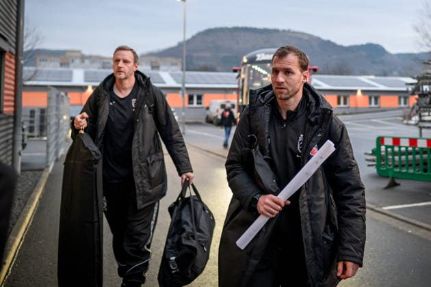 easycredit BBL Basketball Bundesliga 2025 2026 11 Matchday 20 12 2025 Science City Jena vs BMA365 Bamberg Baskets v re Coach Anton Gavel and co-coach Arne Woltmann arrive at the arena, both Bamberg Sparkassen Arena