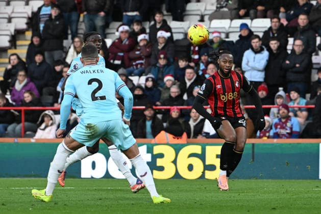 Bournemouth v Burnley, Premier League Antoine Semenyo (24) of AFC Bournemouth crosses the ball during the Premier League match between Bournemouth and Burnley at the Vitality Stadium, Bournemouth, UK on 20 December 2025. Bournemouth Vitality Stadium Dorset UK Editorial use only DataCo restrictions apply See www.football-dataco.com , Copyright: xGrahamxHuntx PSI-23457-0082