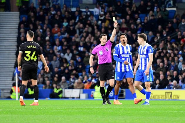 Brighton and Hove Albion v Sunderland, Premier League YELLOW CARD for Brajan Gruda Midfielder of Brighton and Hove Albion following his foul on Granit Xhaka Midfielder of Sunderland during the Premier League match between Brighton and Hove Albion and Sunderland at the American Express Stadium, Brighton and Hove, England on 20 December 2025. Brighton and Hove American Express Stadium East Sussex UK Editorial use only DataCo restrictions apply See www.football-dataco.com , Copyright: xJeffxMoodx PSI-23454-0029