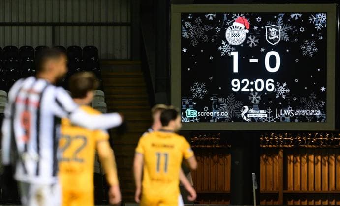 Christmas score board at St Mirren Park St Mirren v Livingston, William Hill Scottish Premiership, Football, The SMiSA Stadium, Paisley, Scotland, UK - 20 Dec 2025Paisley The SMiSA Stadium United Kingdom EDITORIAL USE ONLY No use with unauthorised audio, video, data, fixture lists, club league logos or live services. Online in-match use limited to 120 images, no video emulation. No use in betting, games or single club league player publications.  Copyright: xMarkxRunnacles Shutterstockx 16148664dk