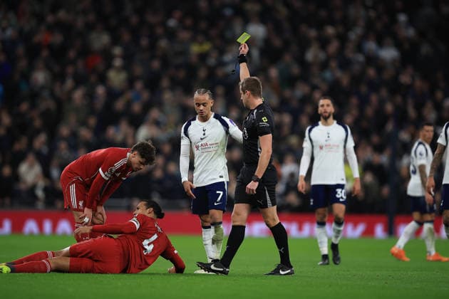 Tottenham Hotspur v Liverpool Premier League 20 12 2025. Yellow Card shown by Match Referee John Brooks to Tottenham Hotspur Midfielder Xavi Simons (7) during the Premier League match between Tottenham Hotspur and Liverpool at Tottenham Hotspur Stadium, London, United Kingdom on 20 December 2025. London Tottenham Hotspur Stadium London United Kingdom Editorial use only DataCo restrictions apply See www.football-dataco.com , Copyright: xChrisxFoxwellx PSI-23445-0016