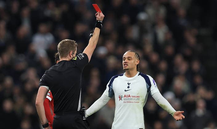 Tottenham Hotspur v Liverpool Premier League 20 12 2025. VAR CHECK Red Card shown by Match Referee John Brooks to Tottenham Hotspur Midfielder Xavi Simons (7) during the Premier League match between Tottenham Hotspur and Liverpool at Tottenham Hotspur Stadium, London, United Kingdom on 20 December 2025. London Tottenham Hotspur Stadium London United Kingdom Editorial use only DataCo restrictions apply See www.football-dataco.com , Copyright: xChrisxFoxwellx PSI-23445-0018