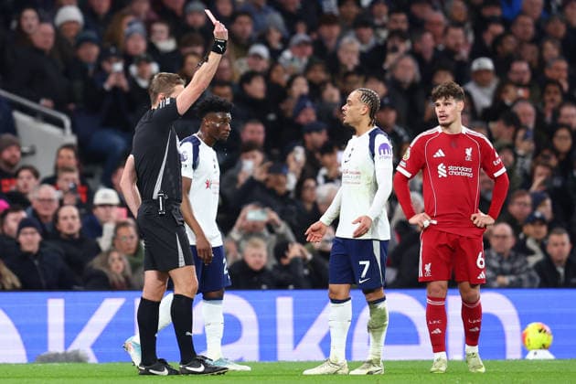 London, England, 20th December 2025. Xavi Simons of Tottenham Hotspur is shown a red card during the Tottenham Hotspur vs Liverpool Premier League match at the Tottenham Hotspur Stadium, London. Picture credit should read: Paul Terry Sportimage EDITORIAL USE ONLY. No use with unauthorised audio, video, data, fixture lists, club league logos or live services. Online in-match use limited to 120 images, no video emulation. No use in betting, games or single club league player publications. SPI_022_PT_Tottenham_Liverpool SPI-4387-0022