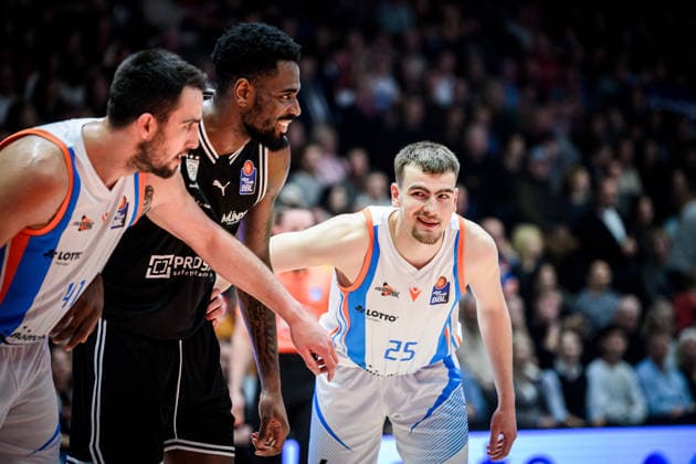 easycredit BBL Basketball Bundesliga 2025 2026 11 Matchday 20 12 2025 Science City Jena vs BMA365 Bamberg Baskets v re with small joke Lorenz Bank Jena and Demarcus Demonia Bamberg Sparkassen Arena