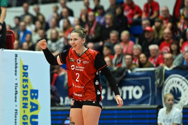 Larissa Winter Dresdner SC, 2 Dresdner SC vs Schwarz Weiß Erfurt, 1 Volleyball Bundesliga Damen, Spielzeit 2025 2026, 20 12 2025 Dresdner SC vs Schwarz Weiß Erfurt, 1 Volleyball Bundesliga Damen, Spielzeit 2025 2026, 20 12 2025 Dresden Copyright: xEibner-Pressefoto xHoepnerx EP_PHR