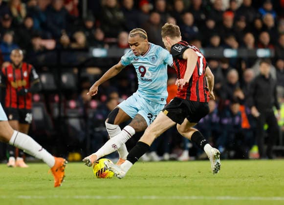 20th December 2025, Bournemouth, Dorset, England; Premier League Football, AFC Bournemouth versus Burnley; Lucas Pires of Burnley turns back under control of the ball from David Brooks of Bournemouth  HongboxChen