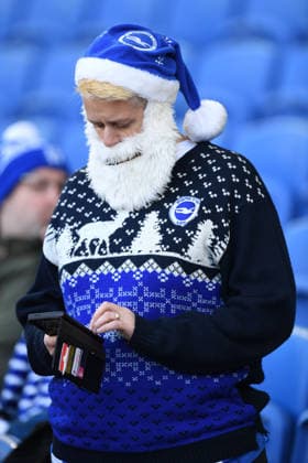 Brighton and Hove Albion v Sunderland, Premier League A Brighton fan enters into the Christmas spirt during the Premier League match between Brighton and Hove Albion and Sunderland at the American Express Stadium, Brighton and Hove, England on 20 December 2025. Brighton and Hove American Express Stadium East Sussex UK Editorial use only DataCo restrictions apply See www.football-dataco.com , Copyright: xJeffxMoodx PSI-23454-0090