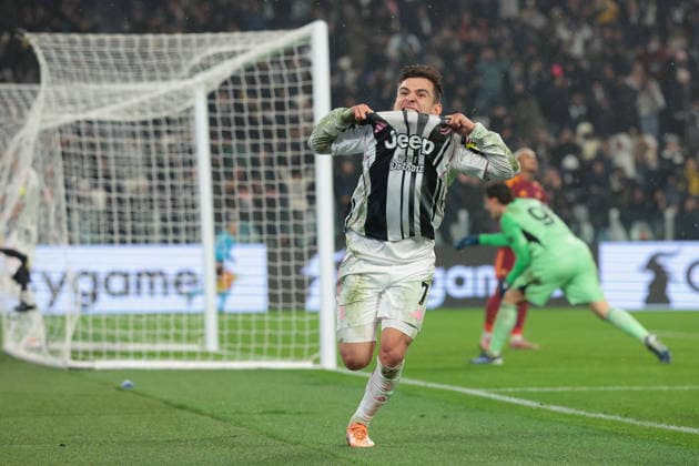 Turin, Italy, 20th December 2025. Francisco Conceicao of Juventus celebrates after scoring to give the hosts a 1-0 lead during the Juventus vs AS Roma Serie A match at Allianz Stadium, Turin. Picture credit should read: Jonathan Moscrop Sportimage EDITORIAL USE ONLY. No use with unauthorised audio, video, data, fixture lists, club league logos or live services. Online in-match use limited to 120 images, no video emulation. No use in betting, games or single club league player publications. SPI_011_JM_JUVE_ROMA SPI-4365-0011