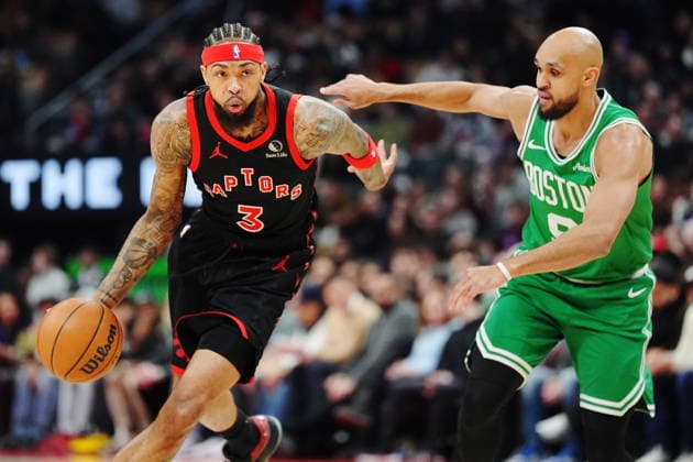 December 20, 2025, Toronto, On: Toronto Raptors Brandon Ingram (3) drives past Boston Celtics Derrick White (9) during first half NBA, Basketball Herren, USA basketball action in Toronto on Saturday, Dec. 20, 2025. Canada News - December 20, 2025  - ZUMAc35_ 20251220_zaf_c35_040 Copyright: xFrankxGunnx